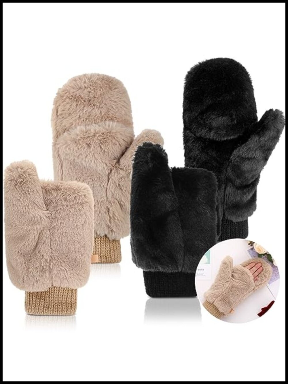 Faux Fur Convertible Fingerless Flip Mittens One Size Warm Winter Gloves